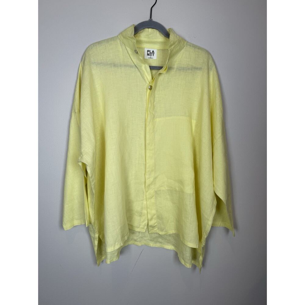 Planet Lauren G Handkerchief Linen Long Sleeve Button Down Shirt Yellow OSFA